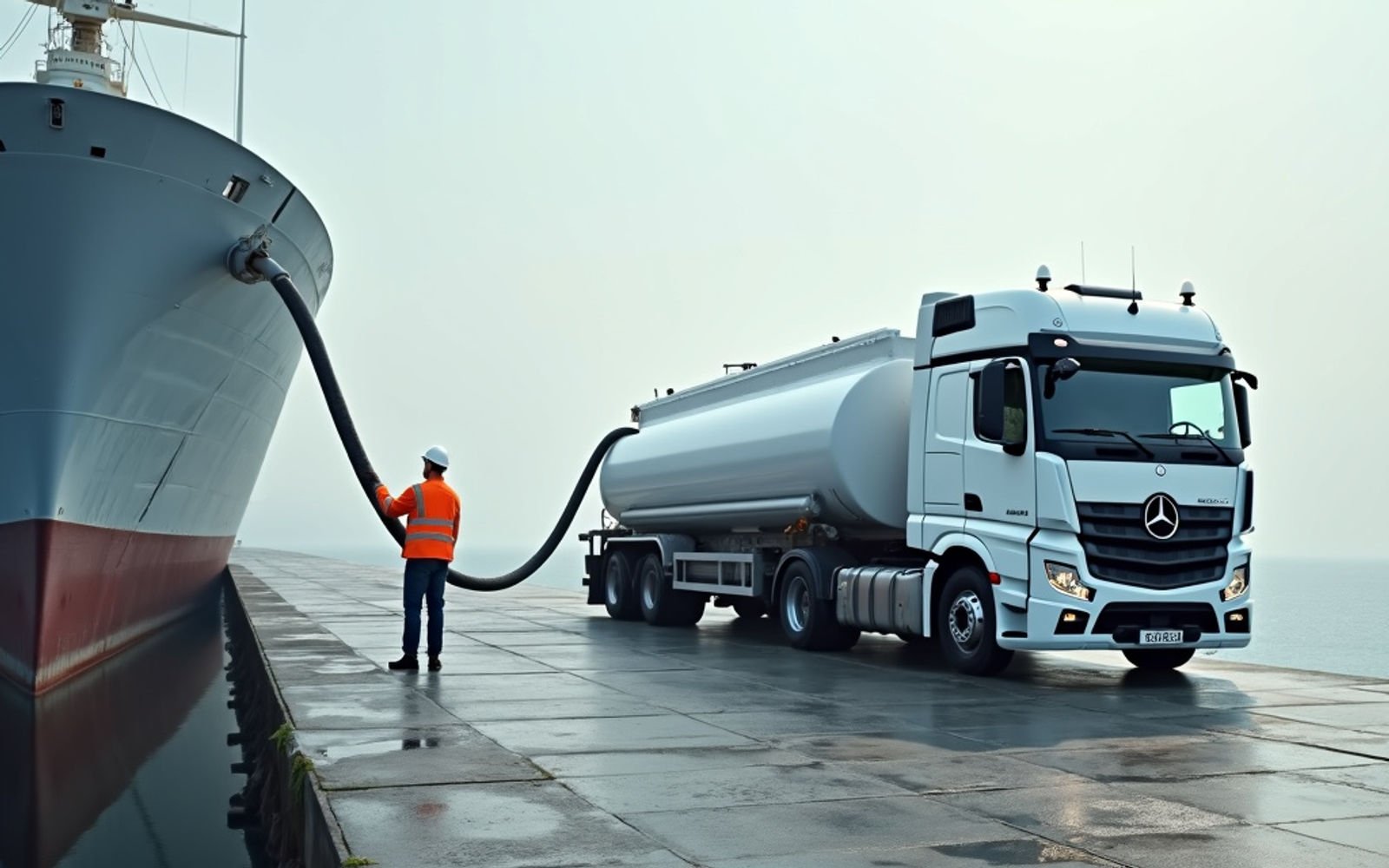 Tanker truck fuelling a ship at the quayside